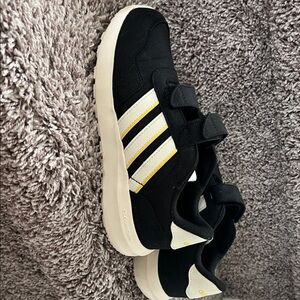 Adidas Kids Black Sneakers with White Stripes and Yellow Highlights